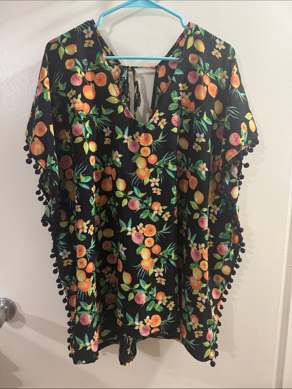 Black Floral Orange Print Swim Cover-Up with Pom Trim